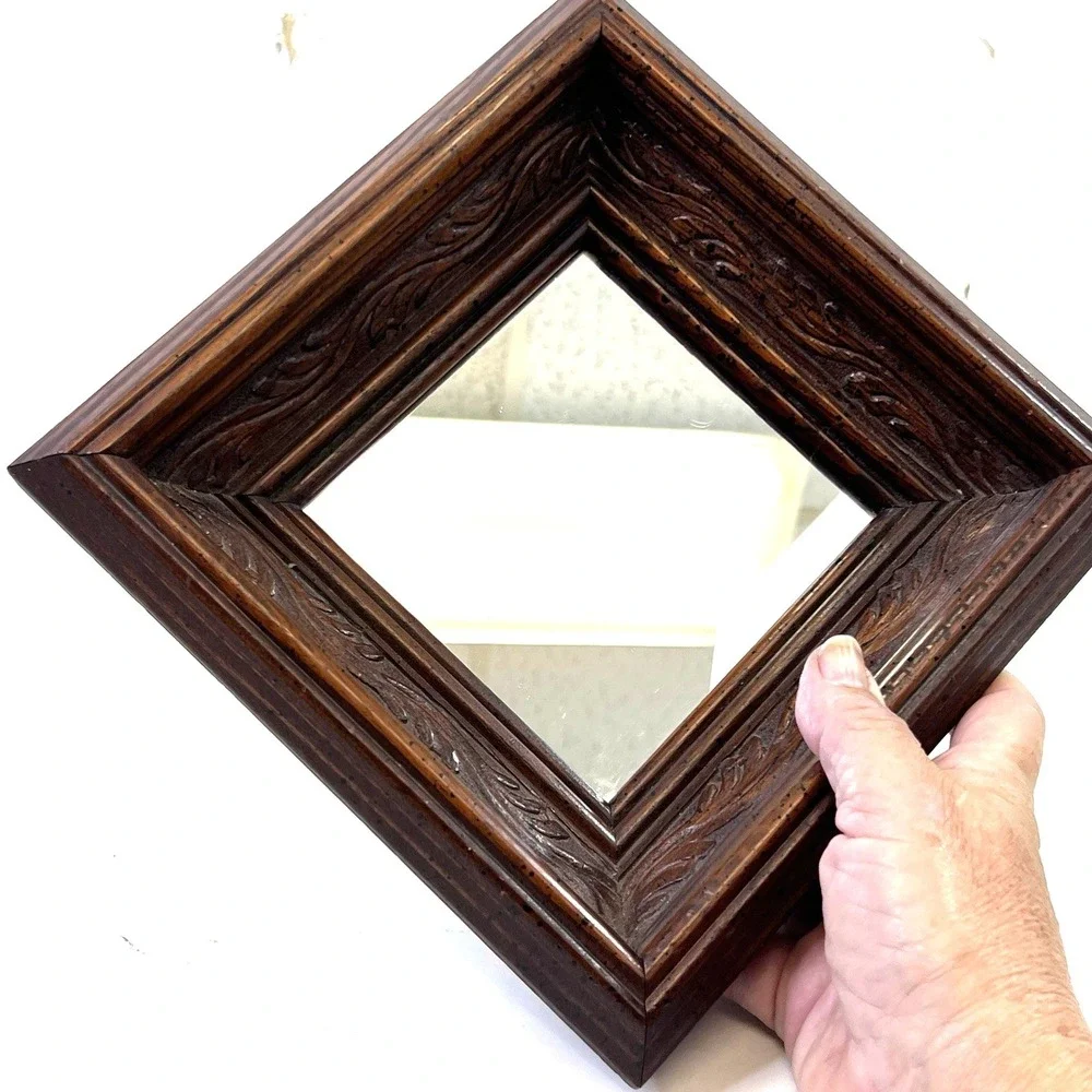 Carved Wood Square Wall Mirror 8x8 Brown Frame Diamond Hang Option